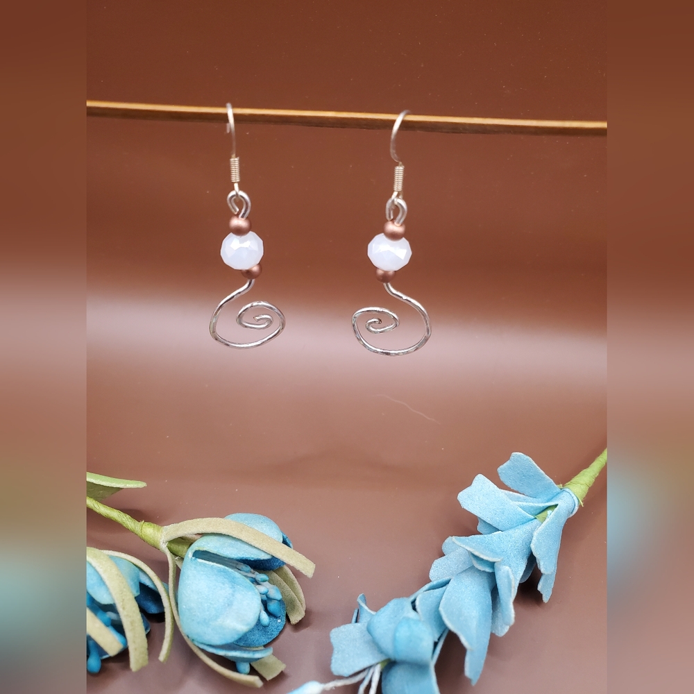 Little Swirl Earrings, Silver Wire Dangle Earrings with a White Bevelled bead